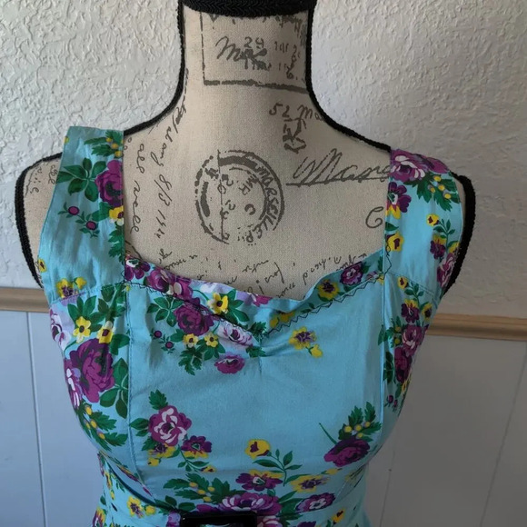 Hell Bunny Floral Print Fit & Flare Turquoise Dree Sleeveless Belted Sz XS Retro - Picture 5 of 8